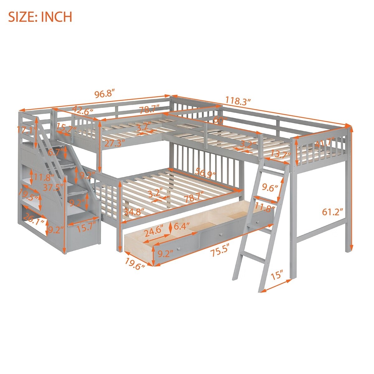 Merax Twin over Full L-Shaped Bunk Bed With 3 Drawers, Ladder and Staircase