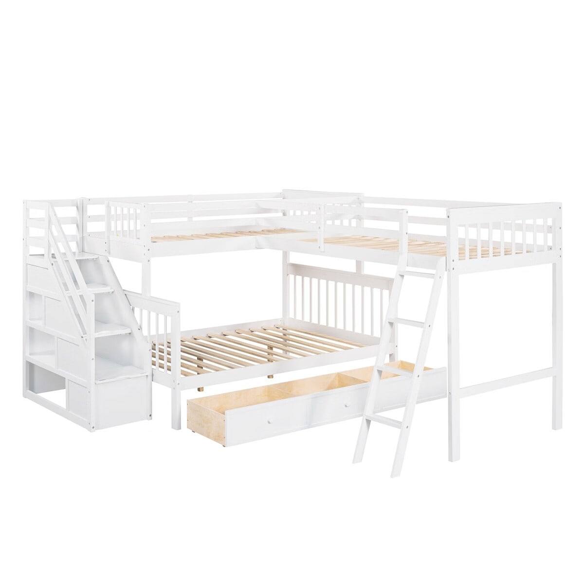 Merax Twin over Full L-Shaped Bunk Bed With 3 Drawers, Ladder and Staircase
