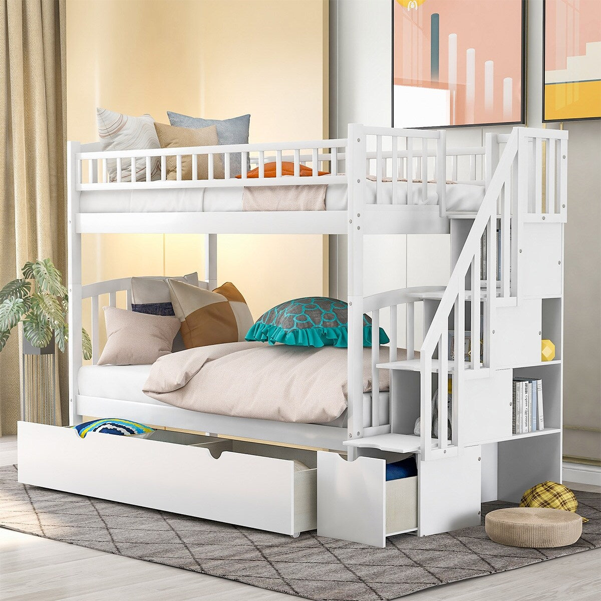 Merax L-Shaped Twin over Full Bunk Bed and Twin Loft Bed, Drawers