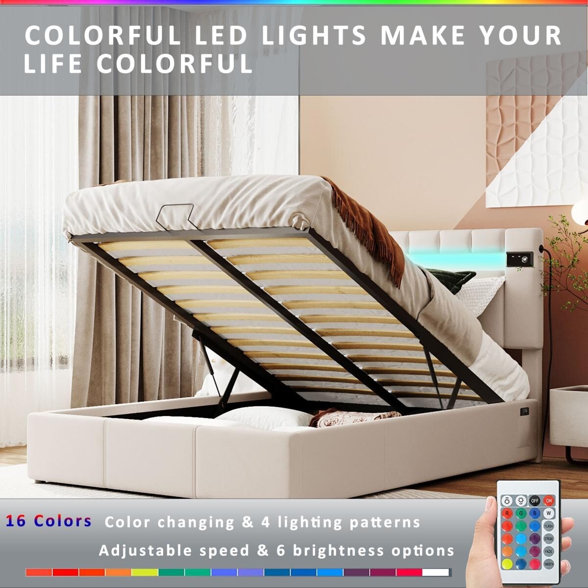 Merax Upholstered Hydraulic Storage Bed with LED light, Bluetooth Player and USB Charging