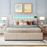 Merax Upholstered Hydraulic Storage Bed with LED light, Bluetooth Player and USB Charging
