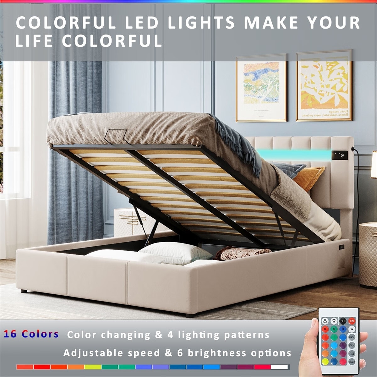Merax Upholstered Hydraulic Storage Bed with LED light, Bluetooth Player and USB Charging