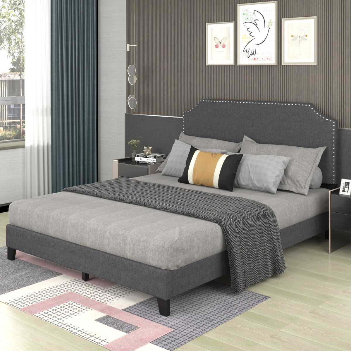 Merax Upholstered Platform Bed Frame with Nailhead Trim Headboard and Wood Slats