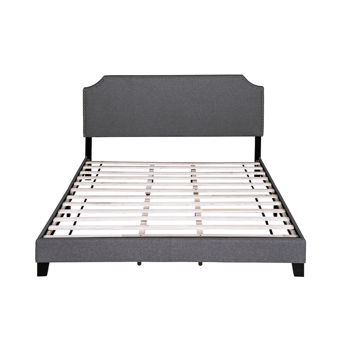 Merax Upholstered Platform Bed Frame with Nailhead Trim Headboard and Wood Slats