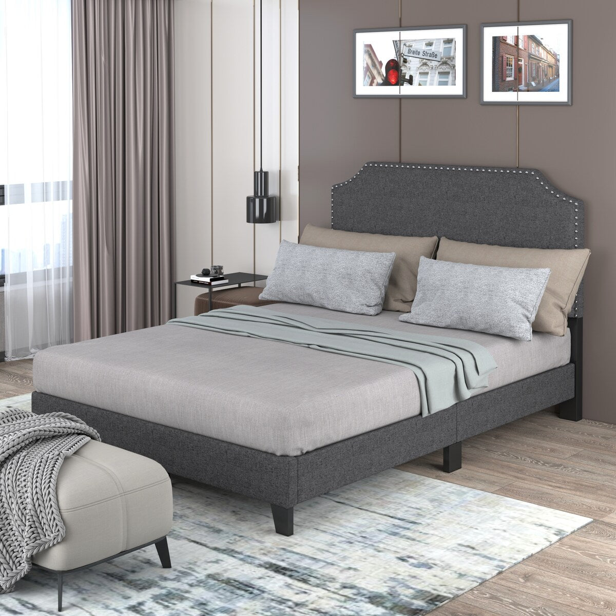 Merax Upholstered Platform Bed Frame with Nailhead Trim Headboard and Wood Slats
