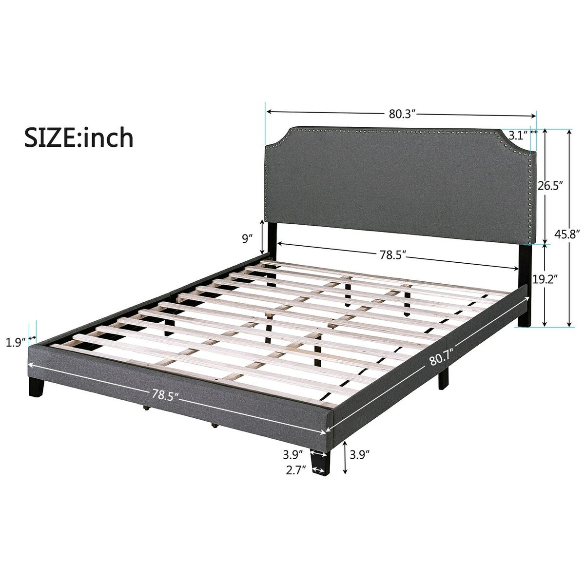 Merax Upholstered Platform Bed Frame with Nailhead Trim Headboard and Wood Slats