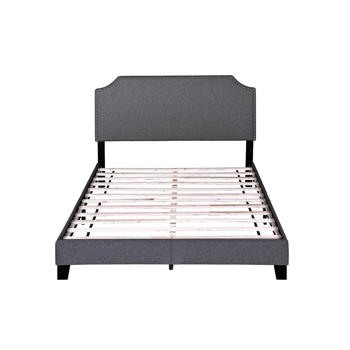 Merax Upholstered Platform Bed Frame with Nailhead Trim Headboard and Wood Slats