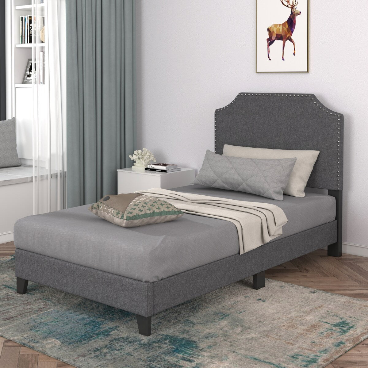 Merax Upholstered Platform Bed Frame with Nailhead Trim Headboard and Wood Slats