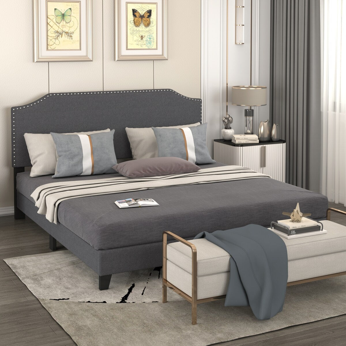 Merax Upholstered Platform Bed Frame with Nailhead Trim Headboard and Wood Slats