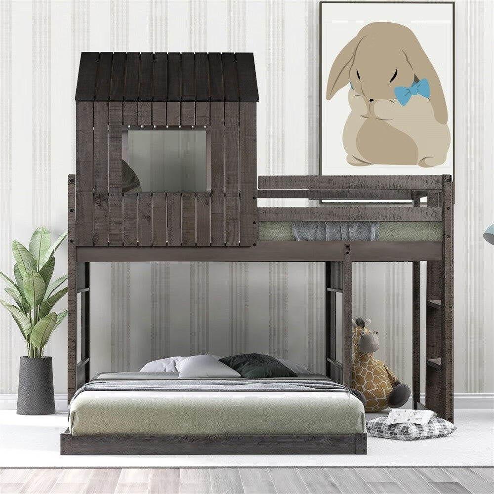 Merax Wooden Twin over Full Bunk Bed with Playhouse, Farmhouse, Ladder and Guardrails