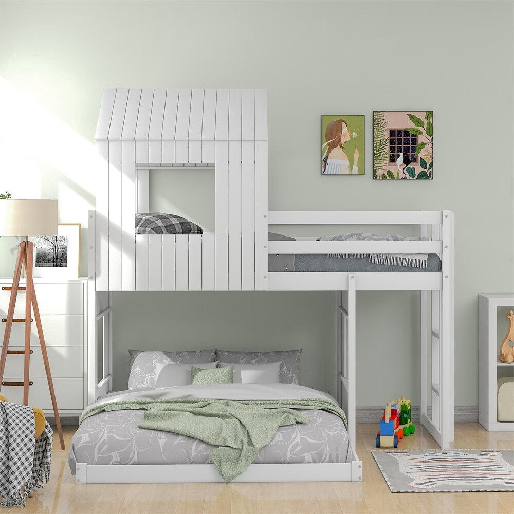 Merax Wooden Twin over Full Bunk Bed with Playhouse, Farmhouse, Ladder and Guardrails