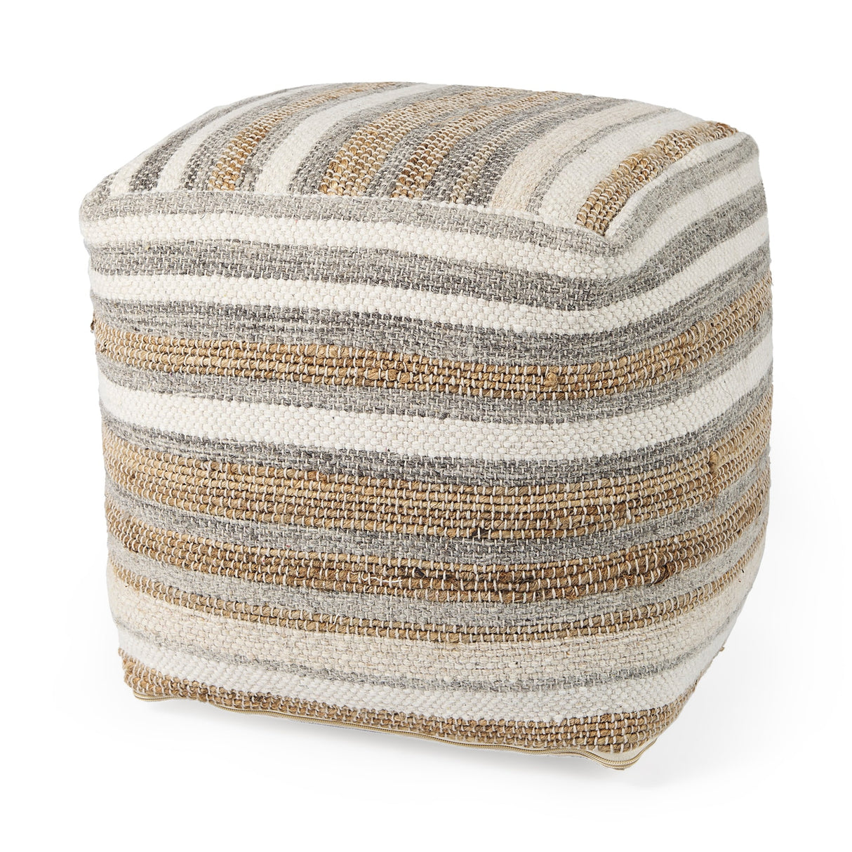 Beige And Brown Wool Square Pouf With Cotton And Felt Popcorn Stitch