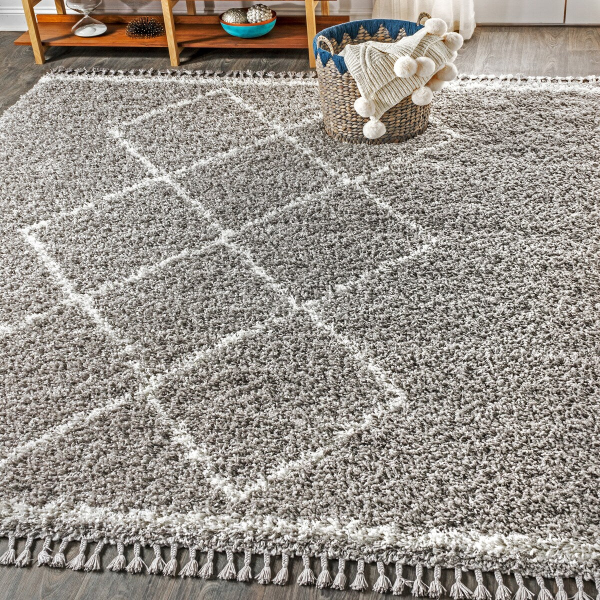 JONATHAN Y Mercer Shag Plush Tassel Moroccan Tribal Trellis Geometric Area Rug