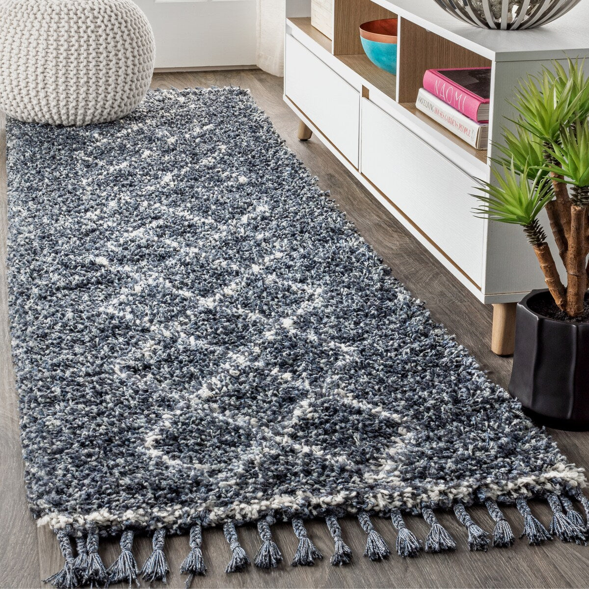 JONATHAN Y Mercer Shag Plush Tassel Moroccan Tribal Trellis Geometric Area Rug