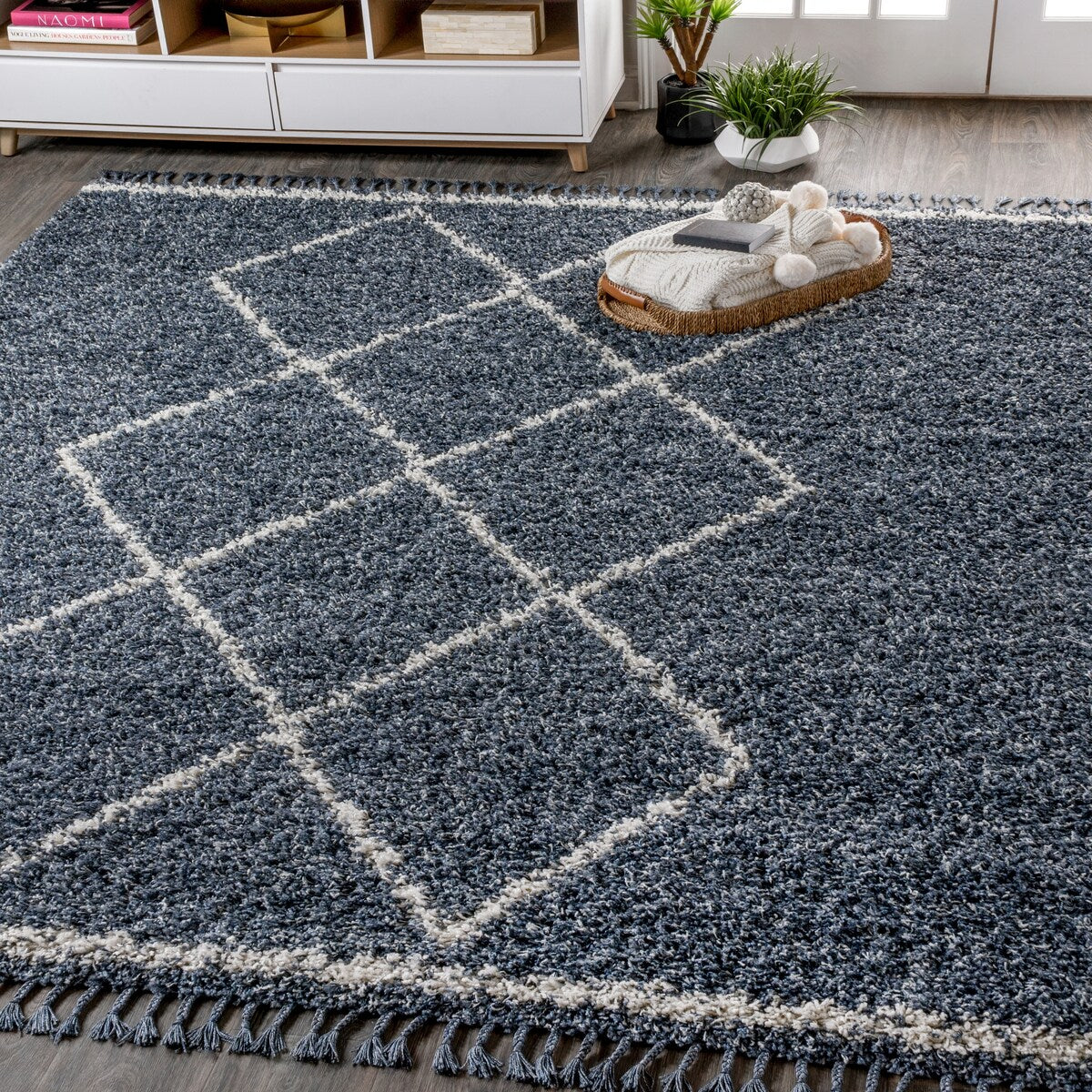 JONATHAN Y Mercer Shag Plush Tassel Moroccan Tribal Trellis Geometric Area Rug