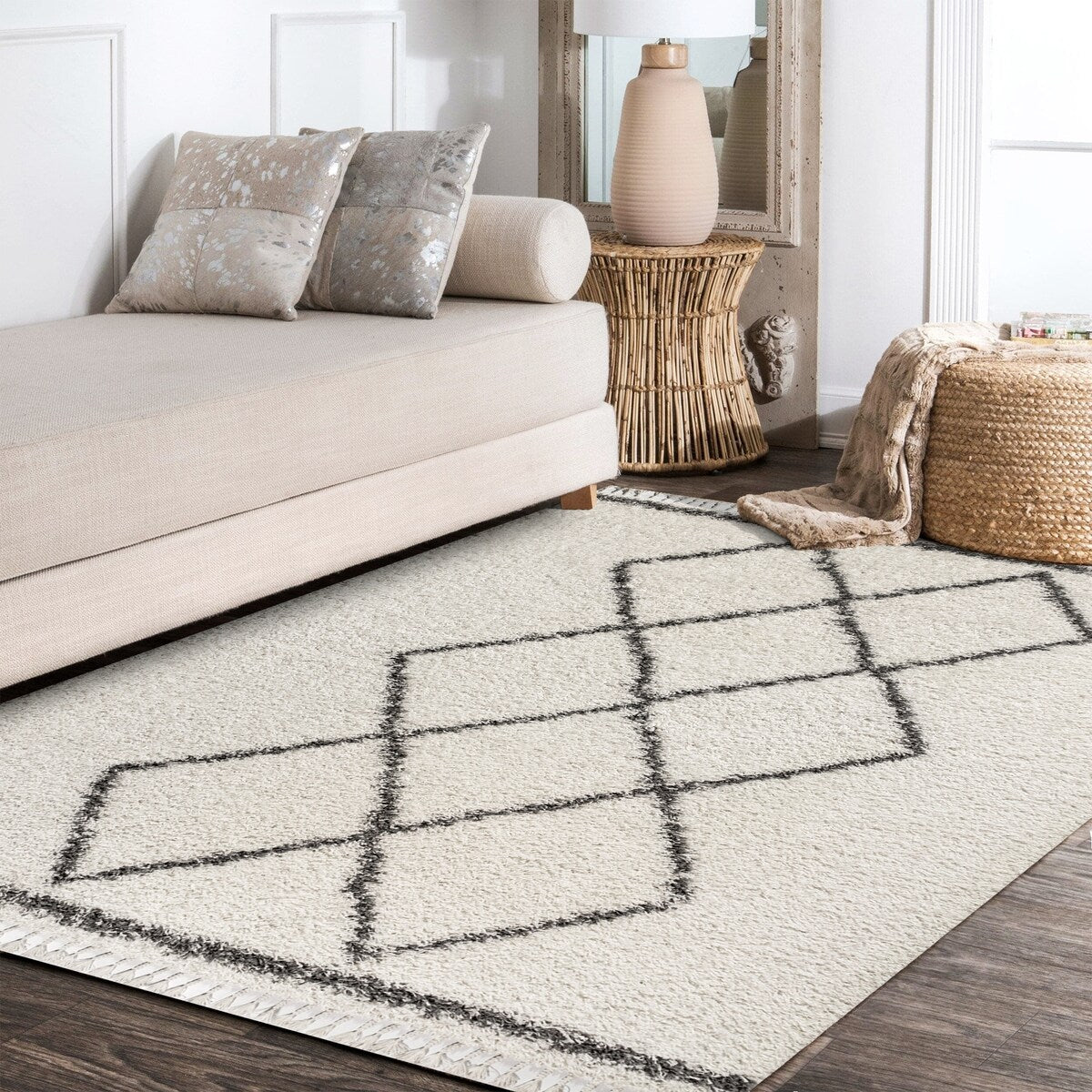 JONATHAN Y Mercer Shag Plush Tassel Moroccan Tribal Trellis Geometric Area Rug