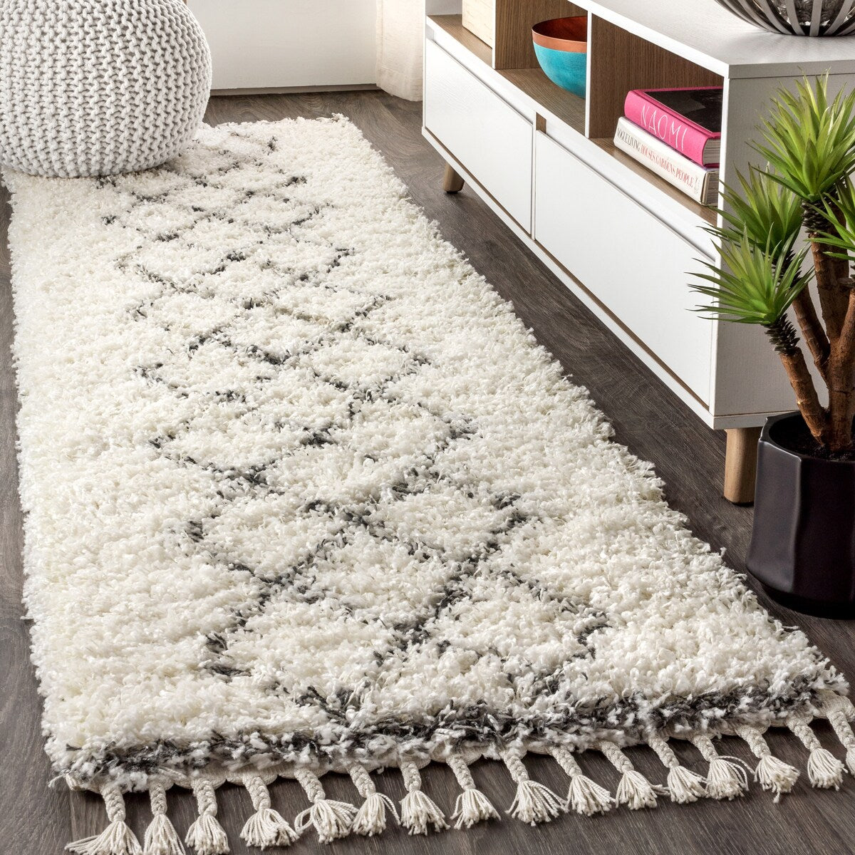 JONATHAN Y Mercer Shag Plush Tassel Moroccan Tribal Trellis Geometric Area Rug