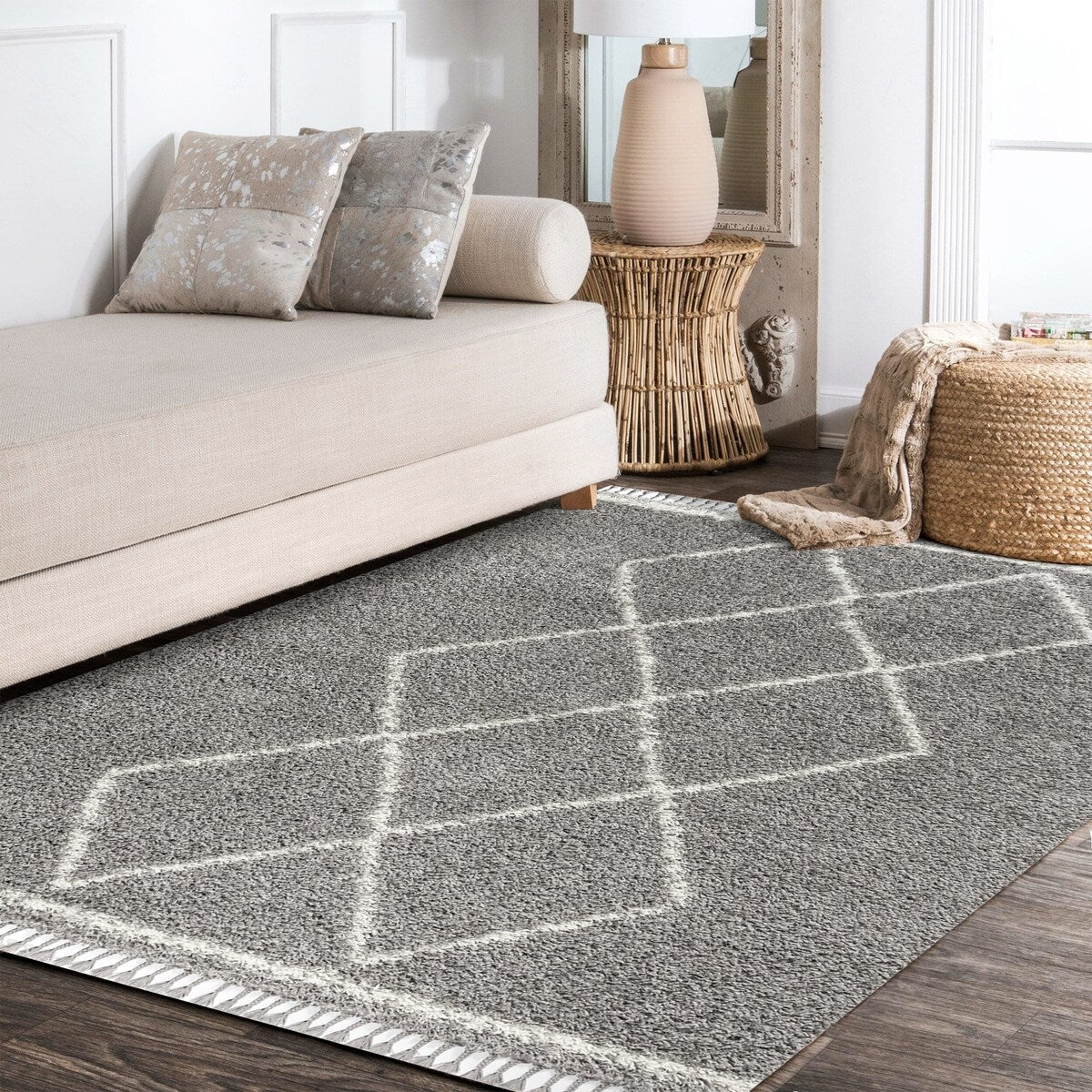 JONATHAN Y Mercer Shag Plush Tassel Moroccan Tribal Trellis Geometric Area Rug