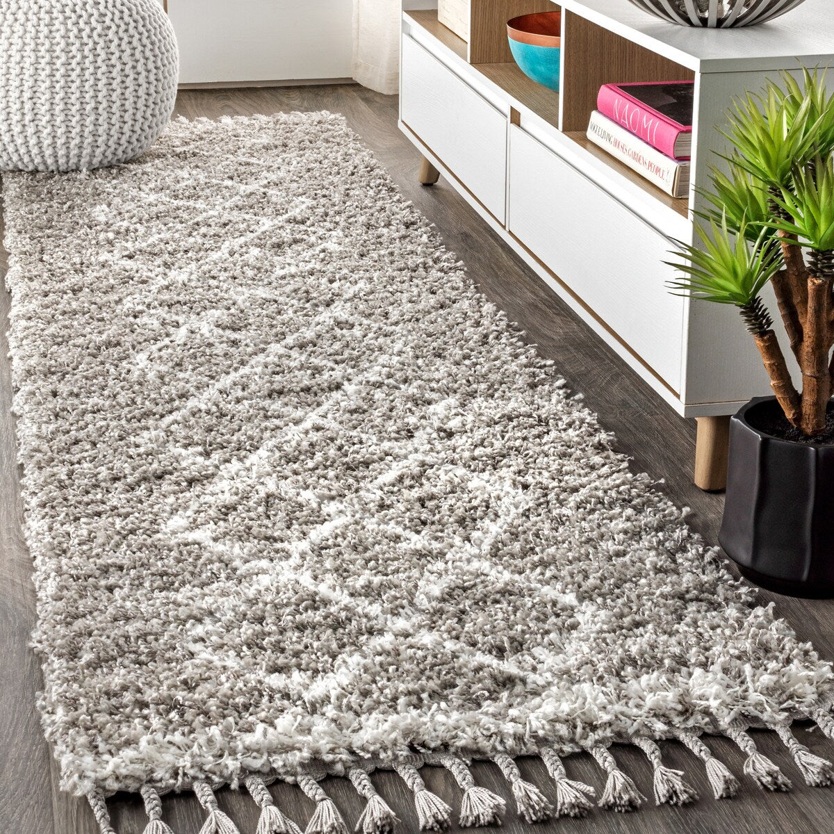 JONATHAN Y Mercer Shag Plush Tassel Moroccan Tribal Trellis Geometric Area Rug