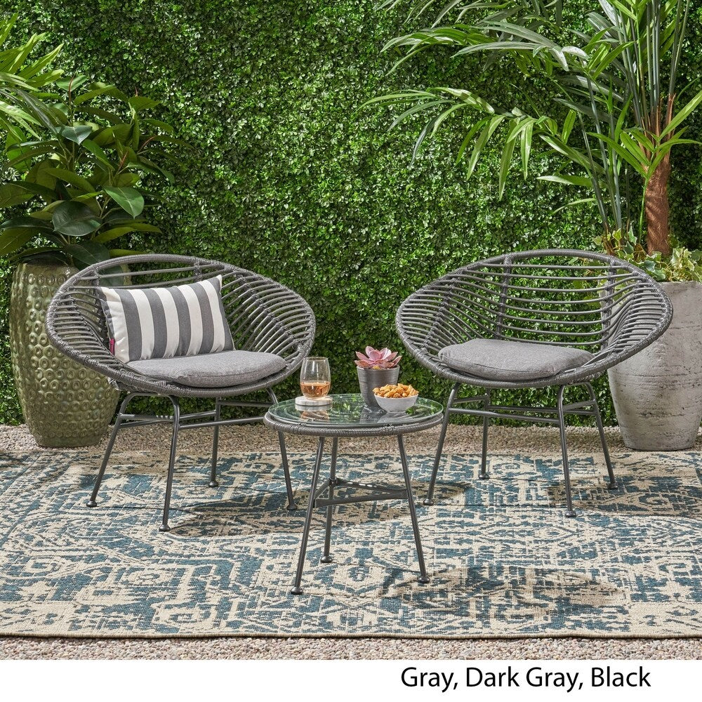 Meridian Outdoor 2 Seater Faux Wicker Chat Set with Tempered Glass Table by Christopher Knight Home