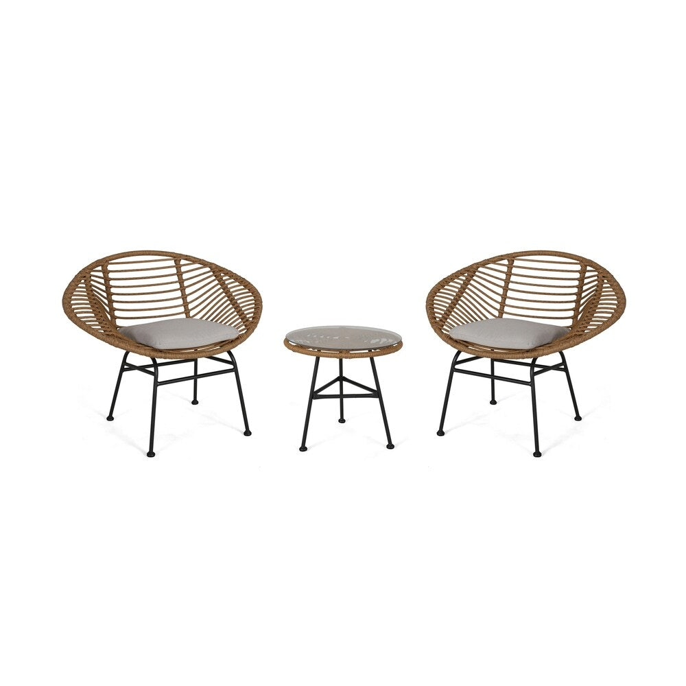 Meridian Outdoor 2 Seater Faux Wicker Chat Set with Tempered Glass Table by Christopher Knight Home
