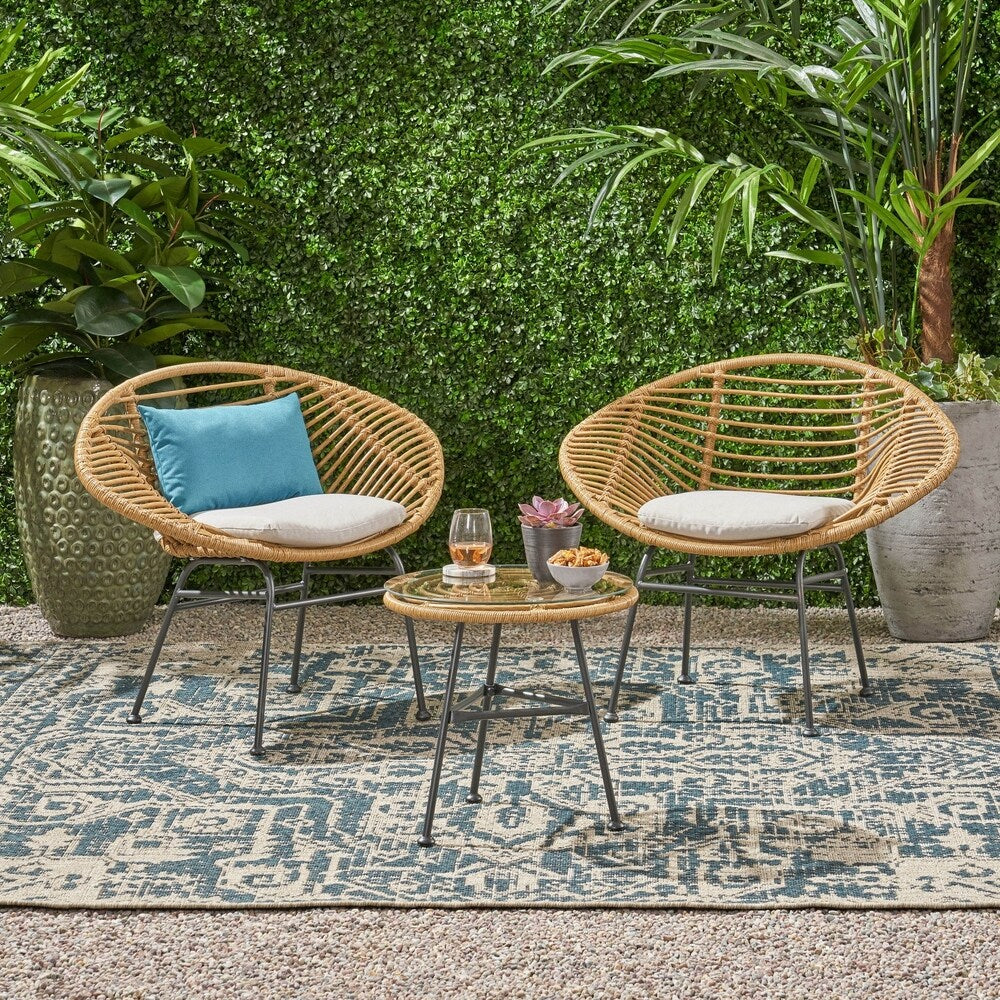 Meridian Outdoor 2 Seater Faux Wicker Chat Set with Tempered Glass Table by Christopher Knight Home