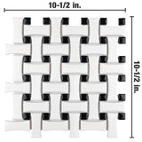 Merola Tile Metro Dog Bone Basketweave Matte White w/Glossy Black Dot 10" x 10" Porcelain Mosaic Tile