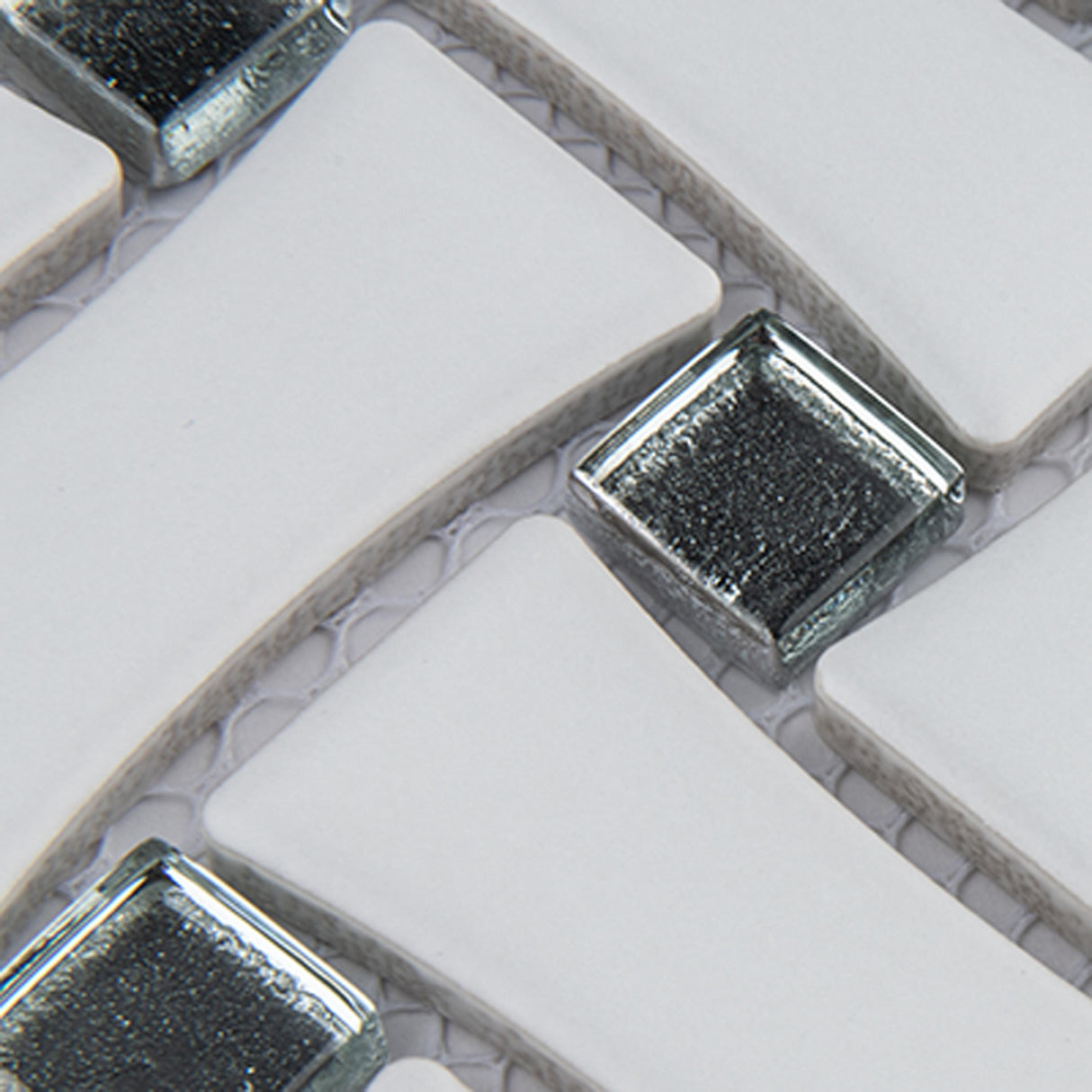 Merola Tile Metro Dog Bone Basketweave Matte White with Glass Silver Dot 10" x 10" Porcelain Mosaic Wall Tile