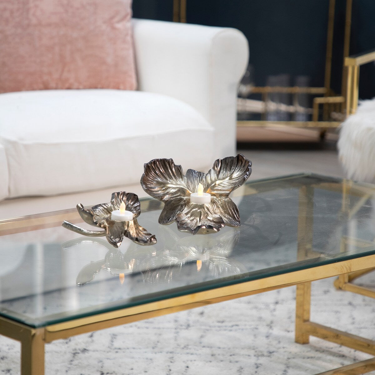 Metal 12" Orchid Tealight Candle Holder, Gold - 12Lx9Wx6H