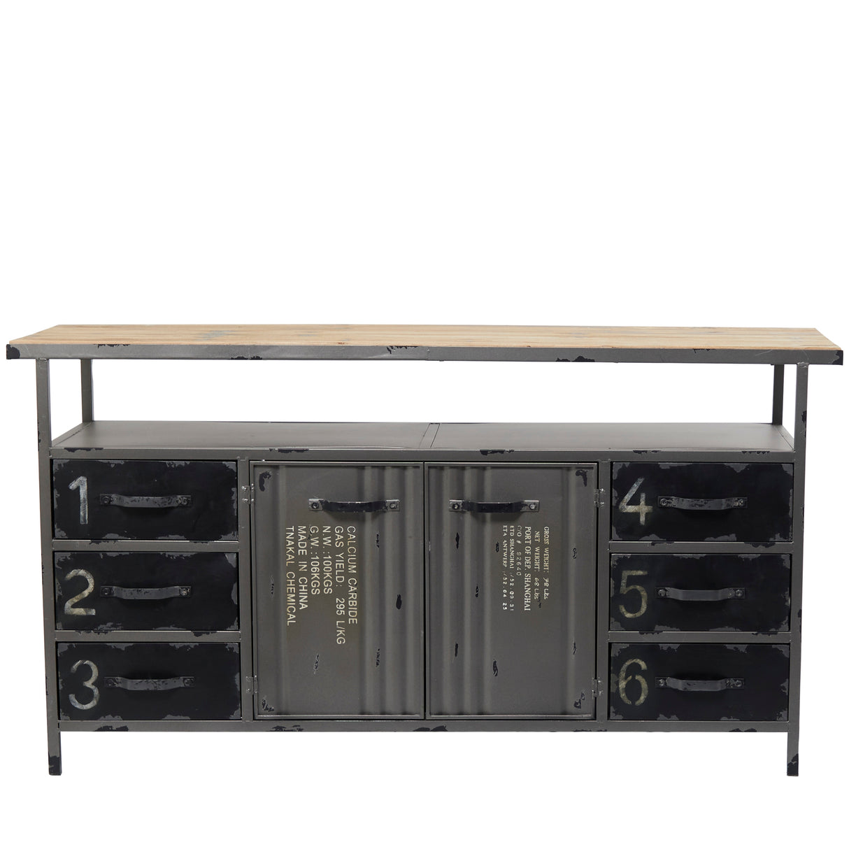 Metal Army Surplus Style 6 Drawers 2 Shelves and 2 Doors Buffet with Numbers and Text - Gray - Roche River Decor