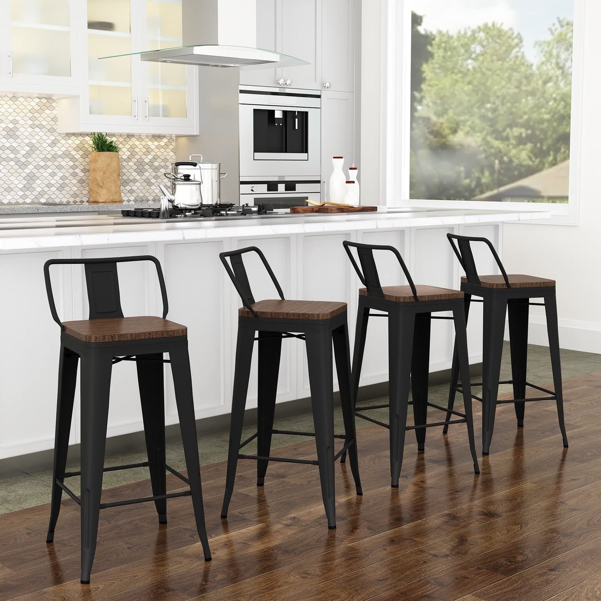 Metal Bar Stools Set of 4 black counter stools with Wooden Seats