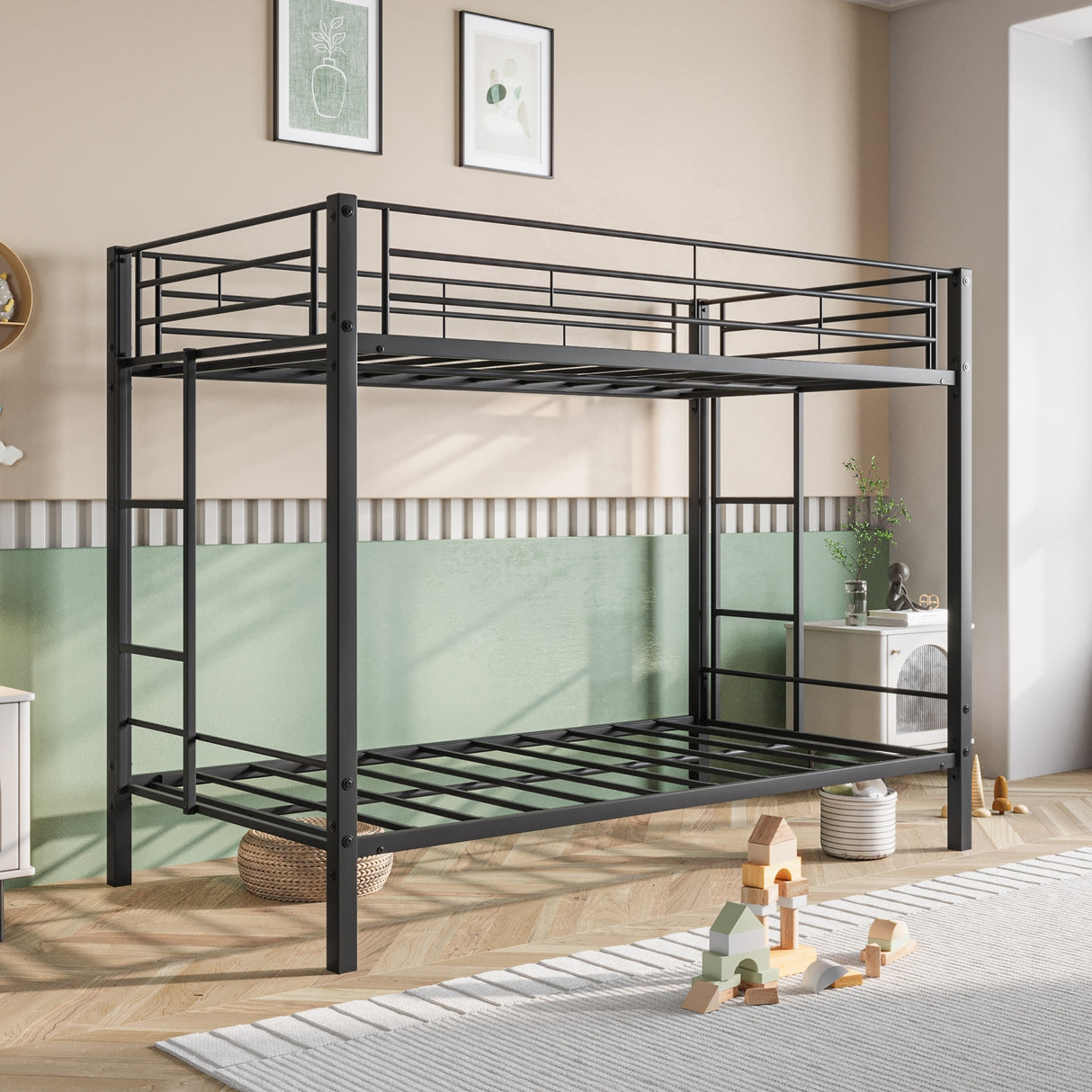 Metal Bunk Bed Twin Over Twin Heavy Duty with shelf and Slatted Support