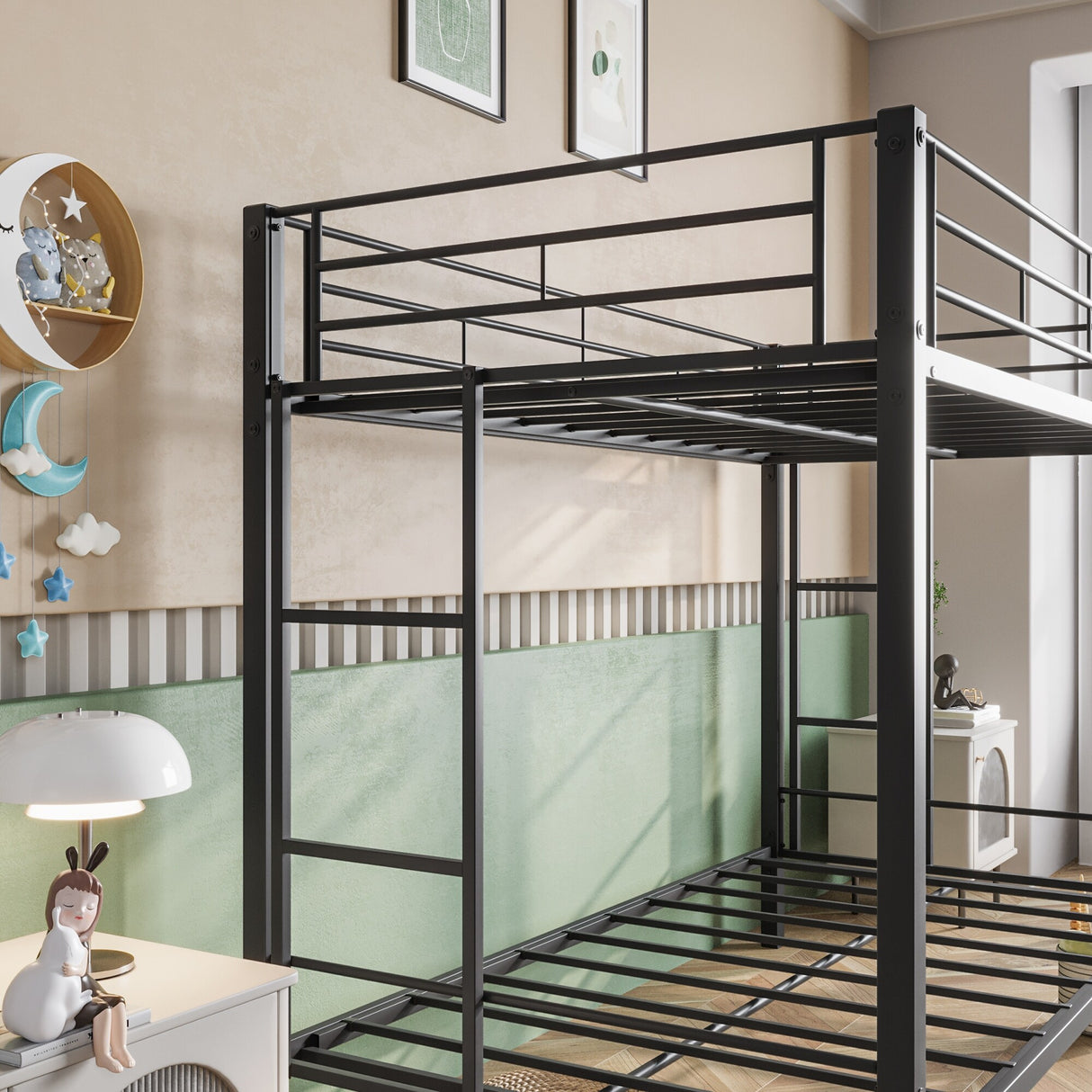 Metal Bunk Bed Twin Over Twin Heavy Duty with shelf and Slatted Support