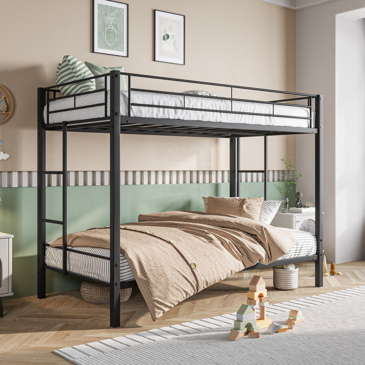 Metal Bunk Bed Twin Over Twin Heavy Duty with shelf and Slatted Support