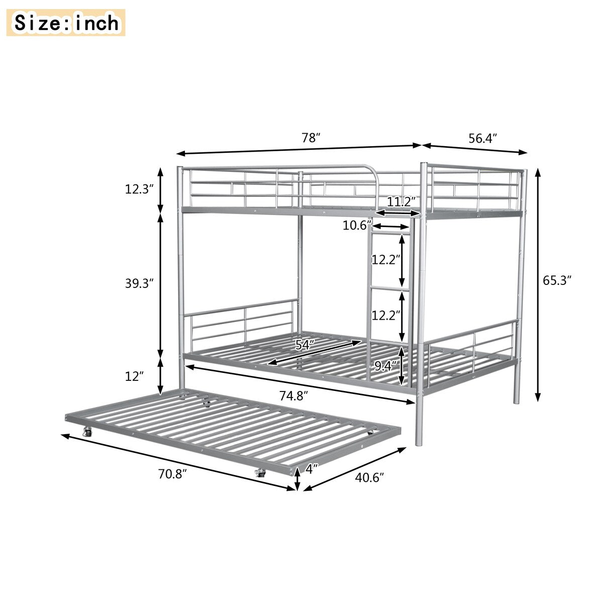 Metal Bunk Bed with Trundle