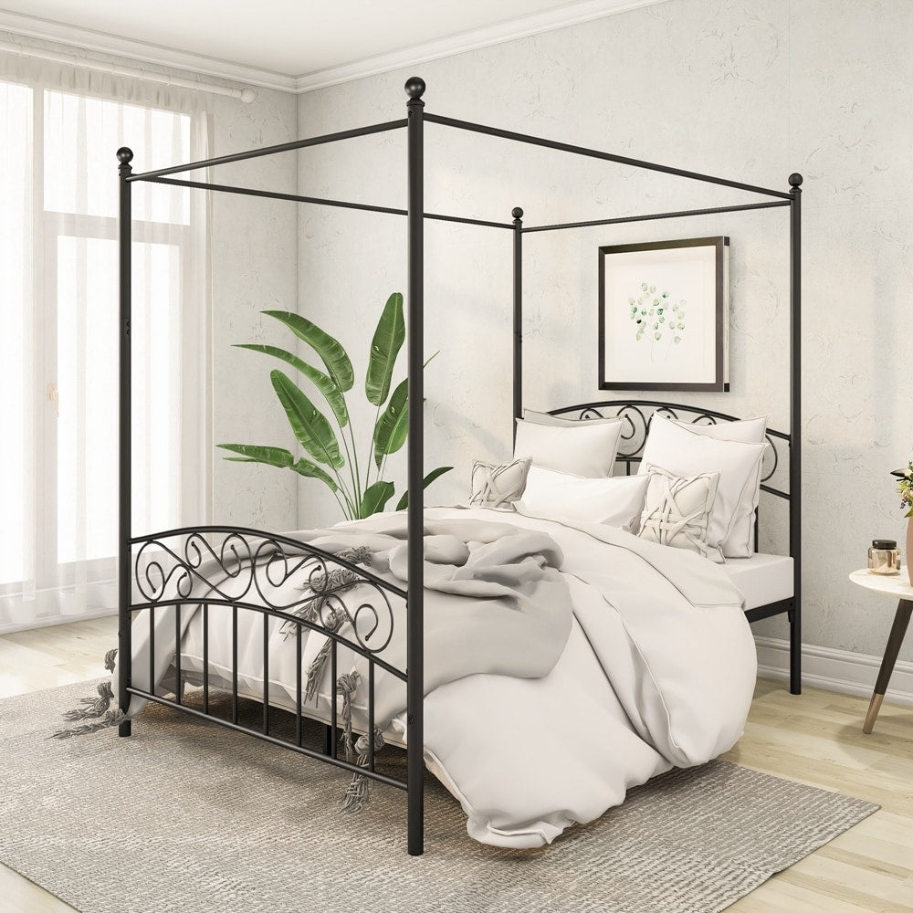 Metal Canopy Bed Frame with Ornate European Style Headboard & Footboard Sturdy Steel Perfectly Fits Your Mattress Easy Assembly