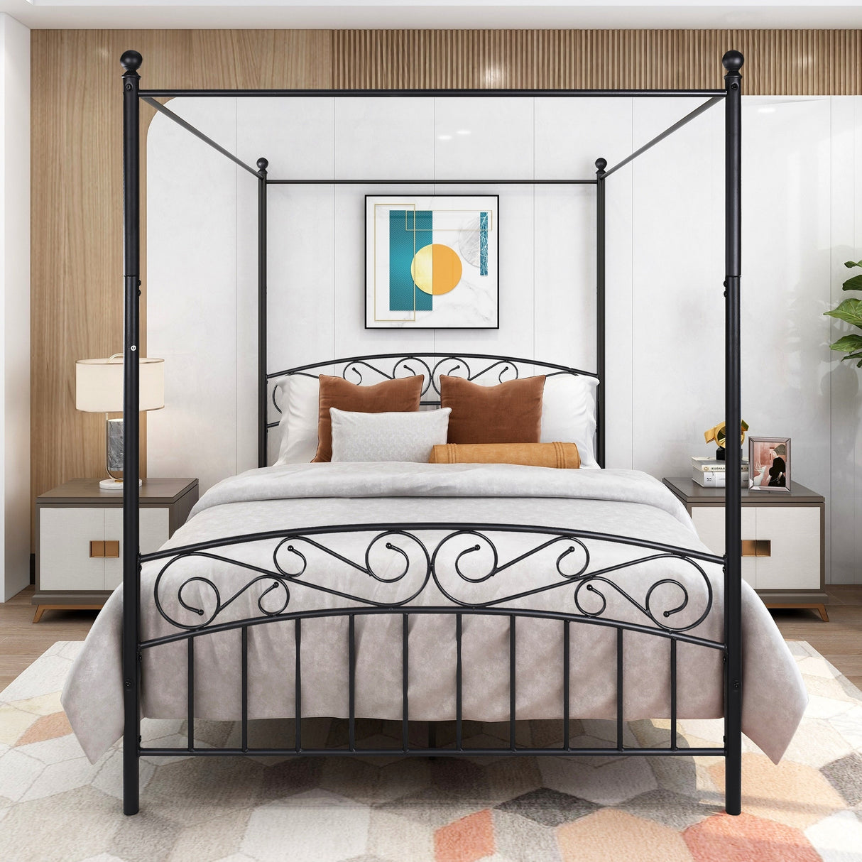 Metal Canopy Bed Frame with Ornate European Style Headboard & Footboard Sturdy Steel Perfectly Fits Your Mattress Easy Assembly