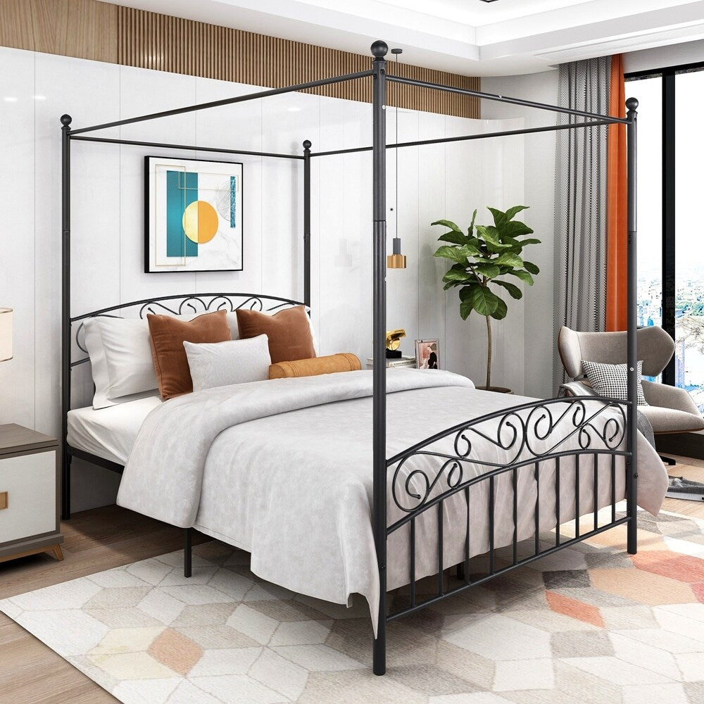 Metal Canopy Bed Frame with Ornate European Style Headboard & Footboard Sturdy Steel Perfectly Fits Your Mattress Easy Assembly