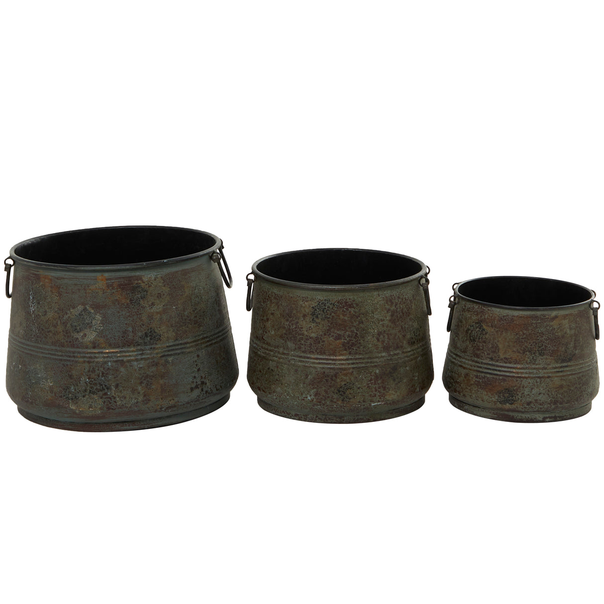 Metal Distressed Bucket Style Planter with Side Ring Handles - Set of 3 Bronze - Roche River Decor - 16"Wx16"Lx11"H