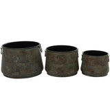 Metal Distressed Bucket Style Planter with Side Ring Handles - Set of 3 Bronze - Roche River Decor - 16"Wx16"Lx11"H
