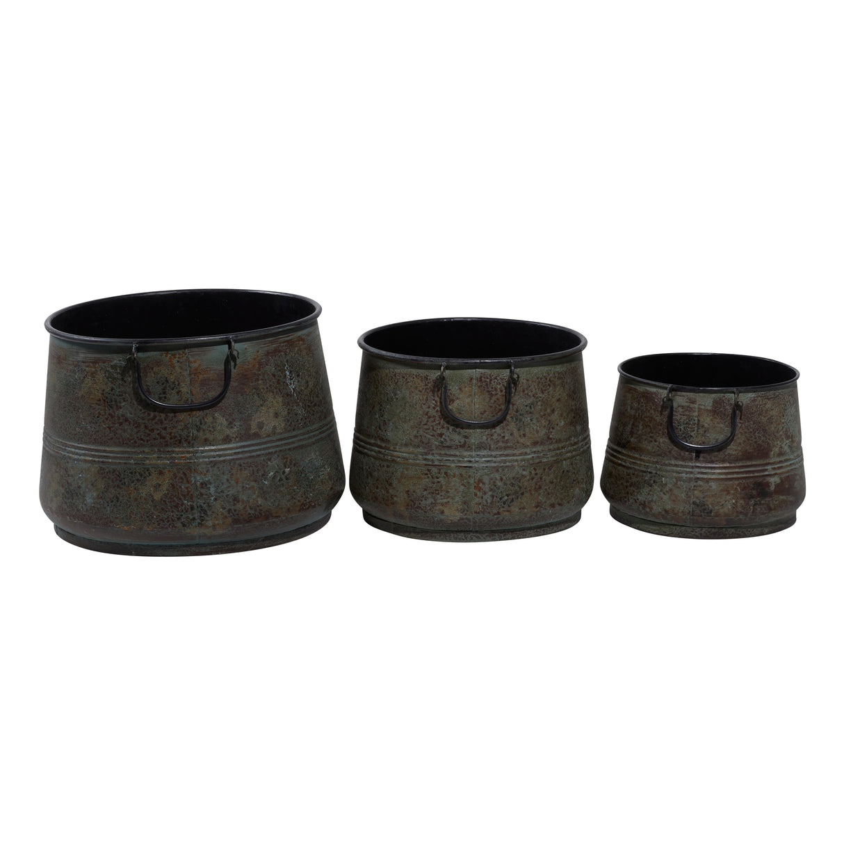 Metal Distressed Bucket Style Planter with Side Ring Handles - Set of 3 Bronze - Roche River Decor - 16"Wx16"Lx11"H