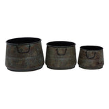 Metal Distressed Bucket Style Planter with Side Ring Handles - Set of 3 Bronze - Roche River Decor - 16"Wx16"Lx11"H
