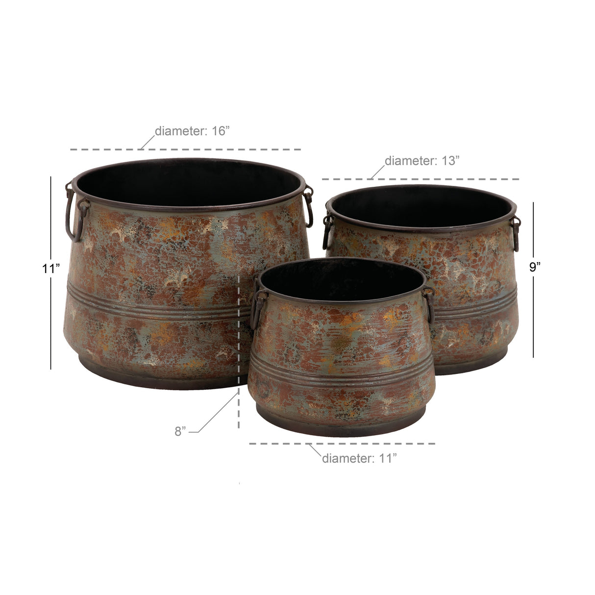 Metal Distressed Bucket Style Planter with Side Ring Handles - Set of 3 Bronze - Roche River Decor - 16"Wx16"Lx11"H