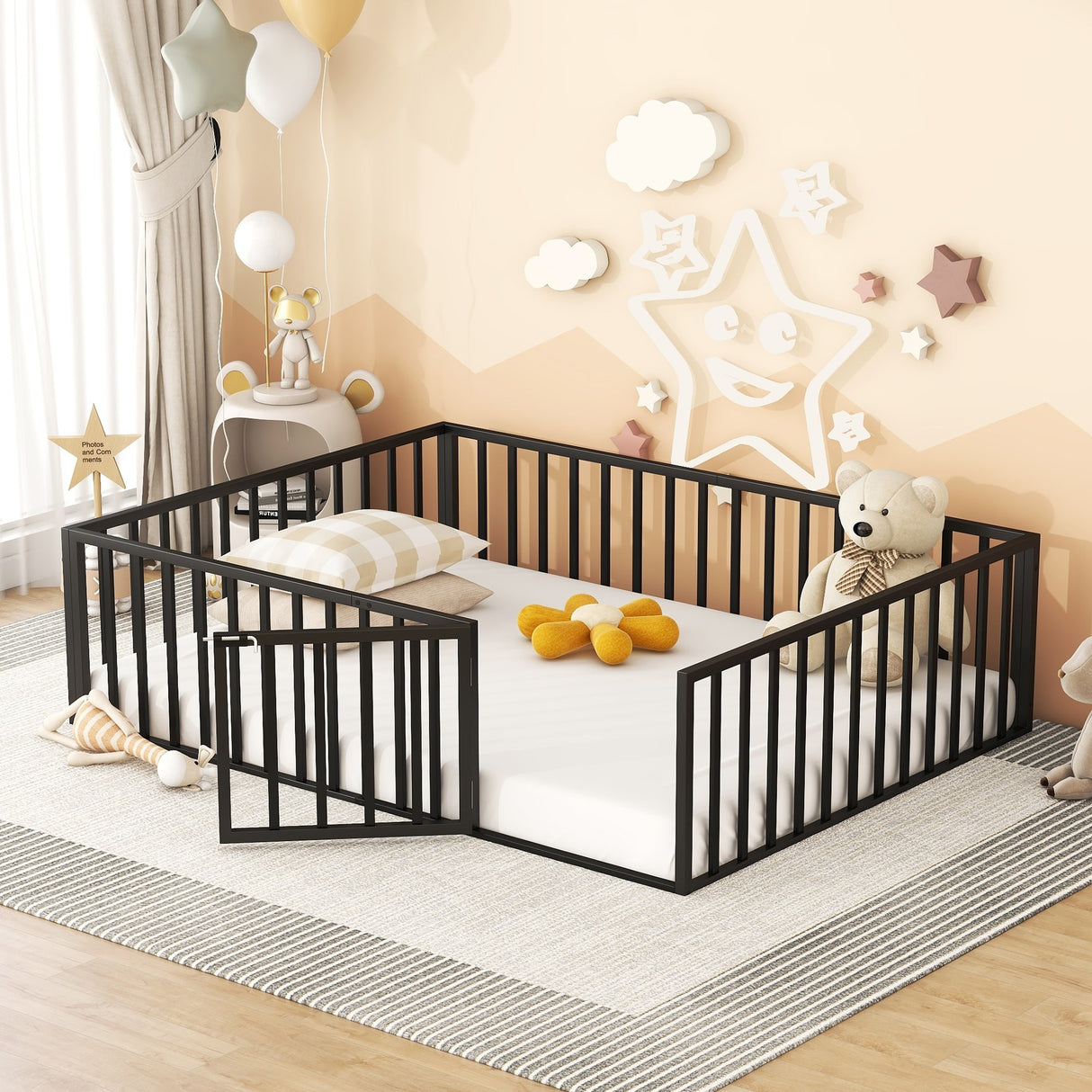 Metal Floor Bed Frame with Fence and Door