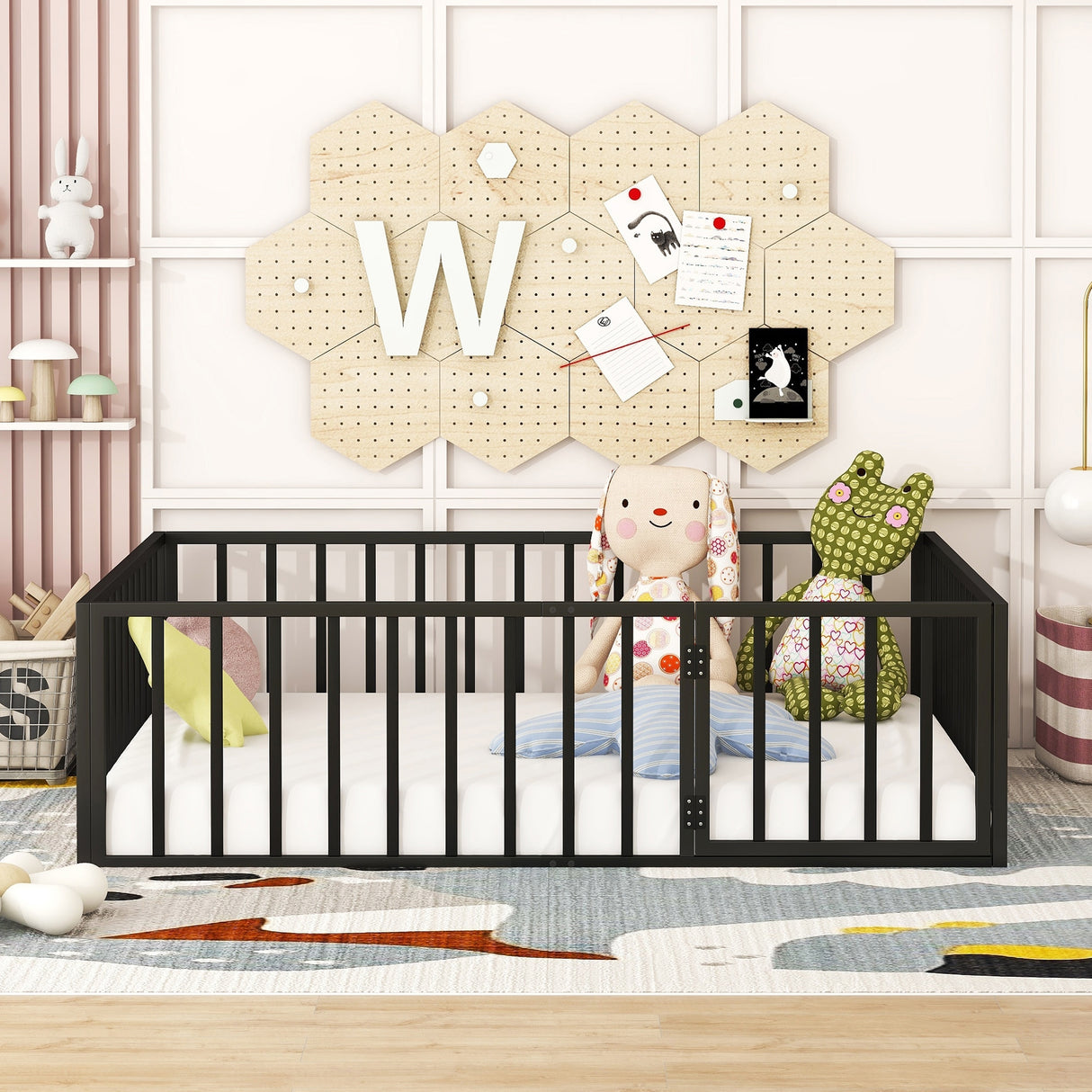 Metal Floor Bed Frame with Fence and Door