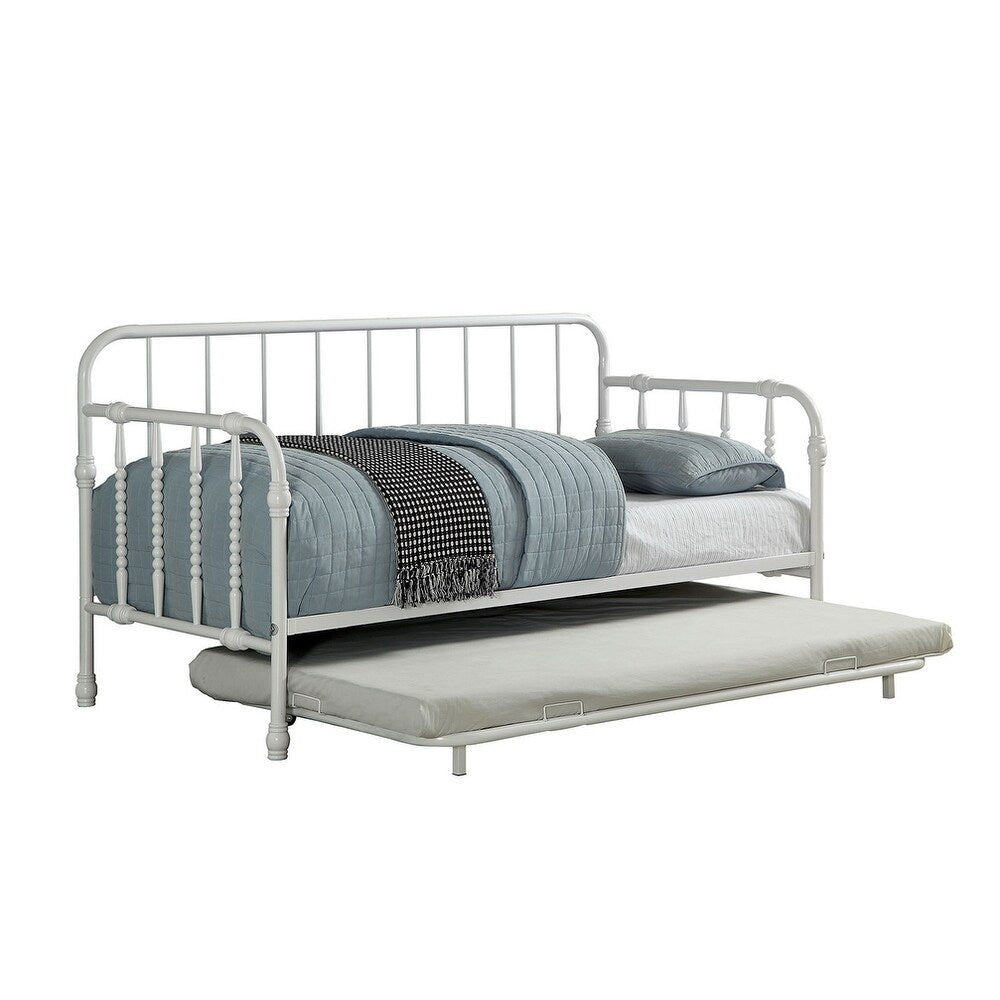 Industrial Style Metal Frame Daybed with Trundle, White