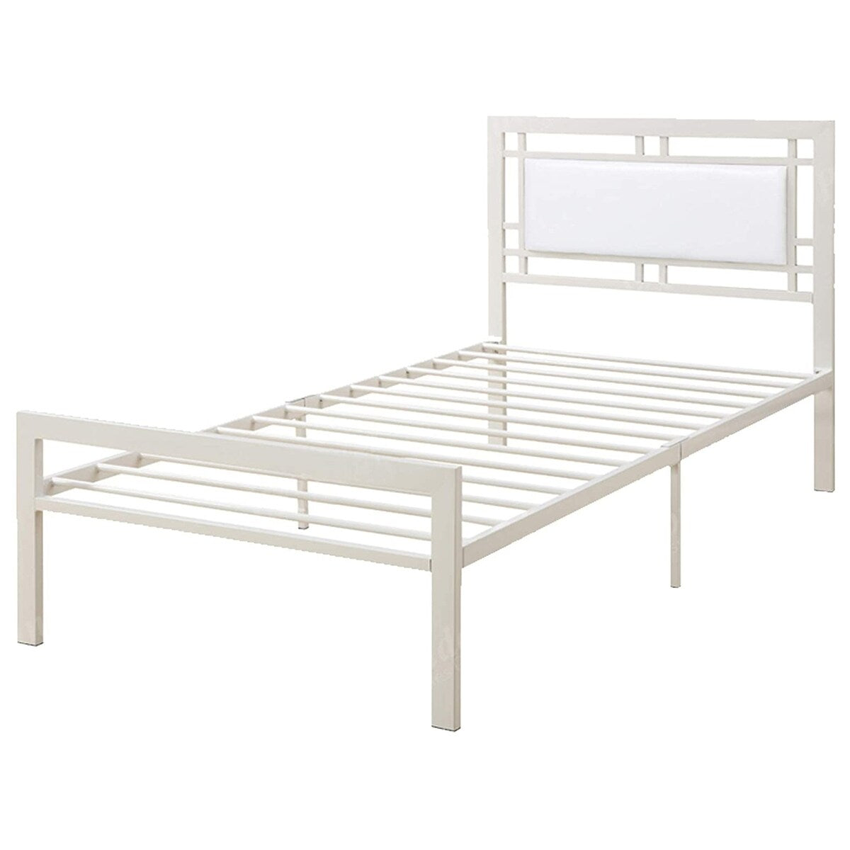 Metal Frame Full Bed with Leather Upholstered Headboard White