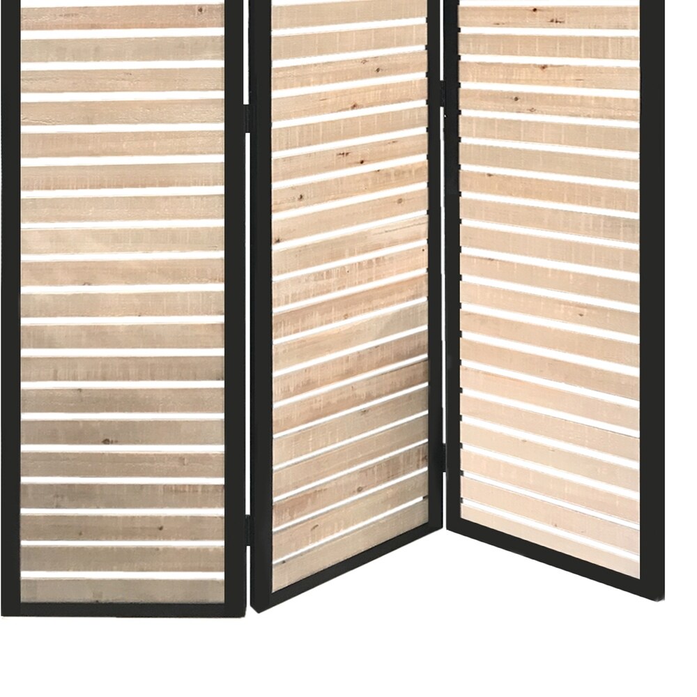 Metal Framed 3 Panel Screen with Wooden Horizontal Inset, Black & White