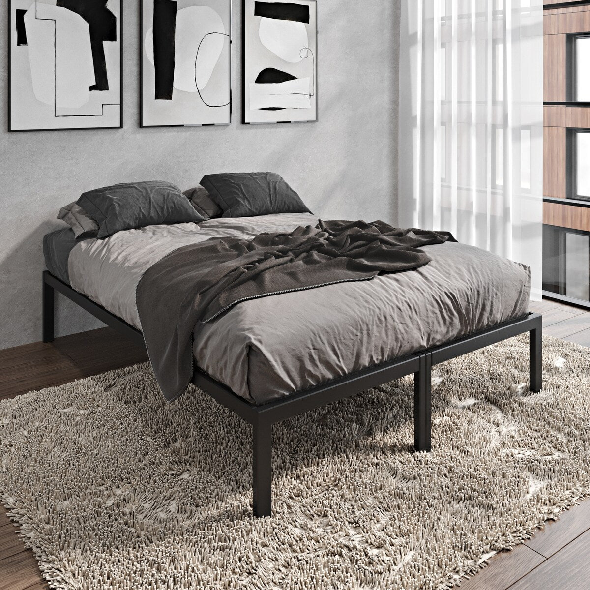 Metal Full Size Platform Bed Frame with Wood Slats and Heavy Duty