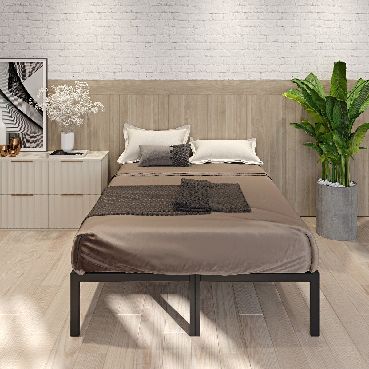 Metal Full Size Platform Bed Frame with Wood Slats and Heavy Duty